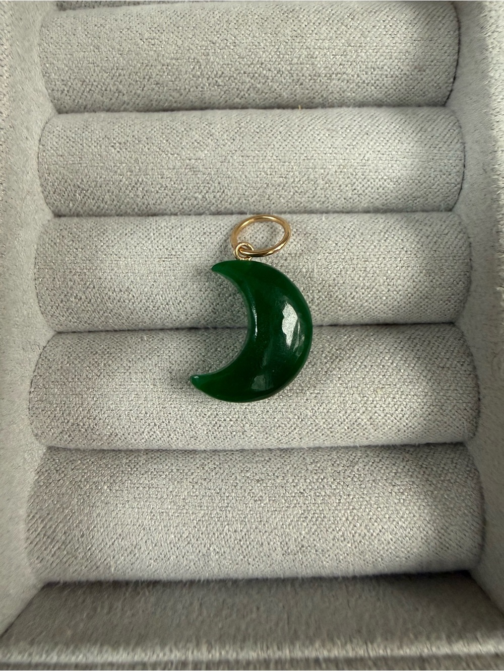 Green jade moon charm with 14k yg bail